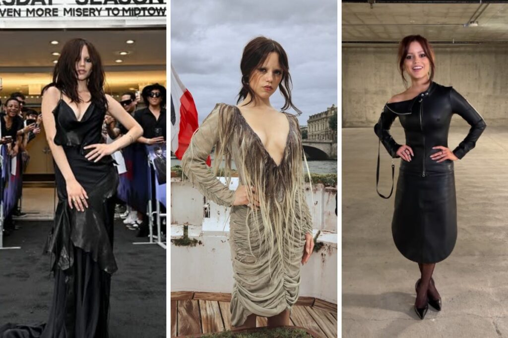 Estilo de Jenna Ortega en apariciones para promocionar la serie 'Merlina'.