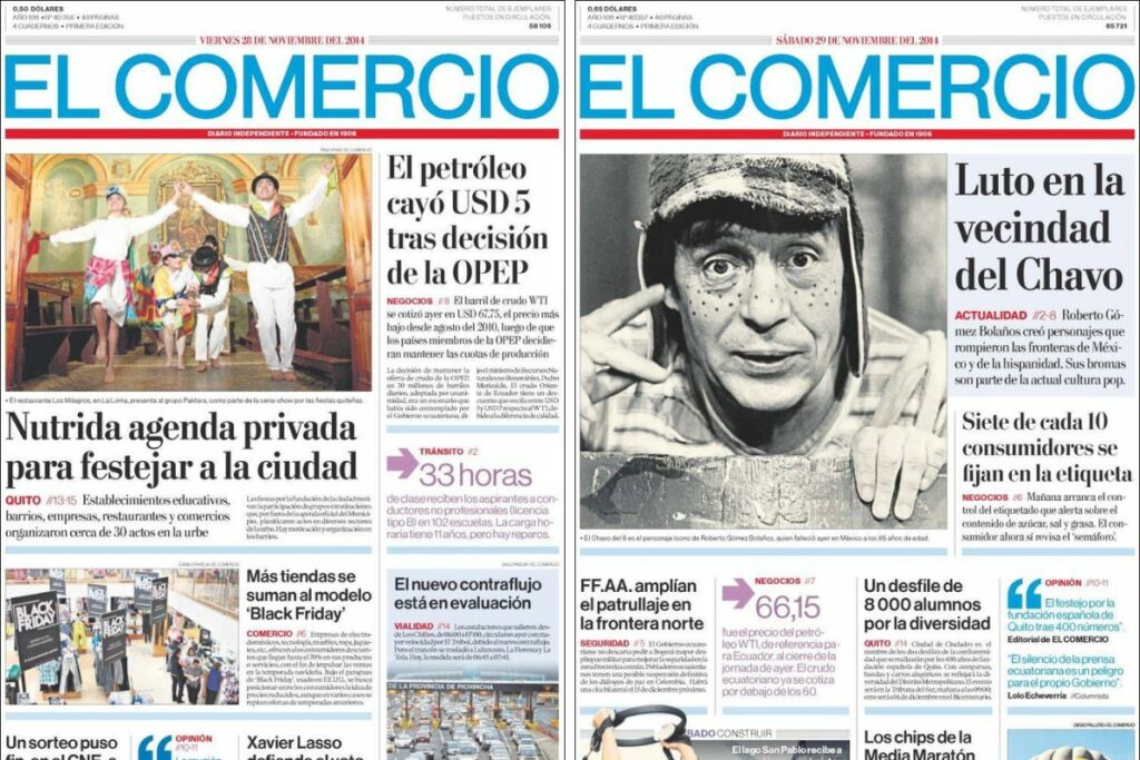 Portadas de EL COMERCIO del 28-29 de noviembre de 2014.