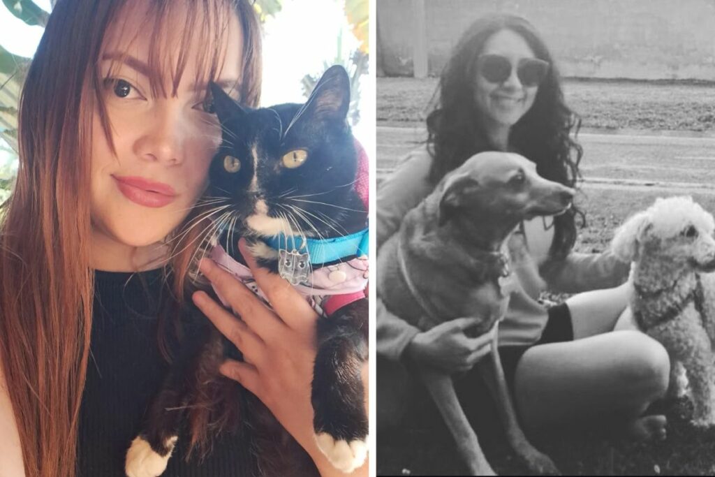 A la izquierda, Rachel Chirinos y su gatita Lucía. A la derecha, Joan Correa con sus perritas, a las que acogió tras la partida de Coco. 