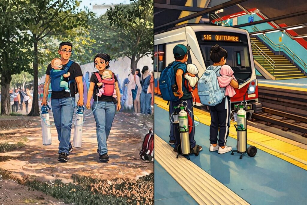 Ambas son ilustraciones de IA elaboradas a partir de capturas de videos. La imagen de la izquierda corresponde a la pareja vista en una calle de la Ciudad de México. La imagen de la derecha es de Quito; son los padres que también llevan bebés con oxígeno. 
