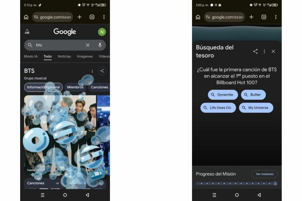 Interfaz del juego de BTS en Google.