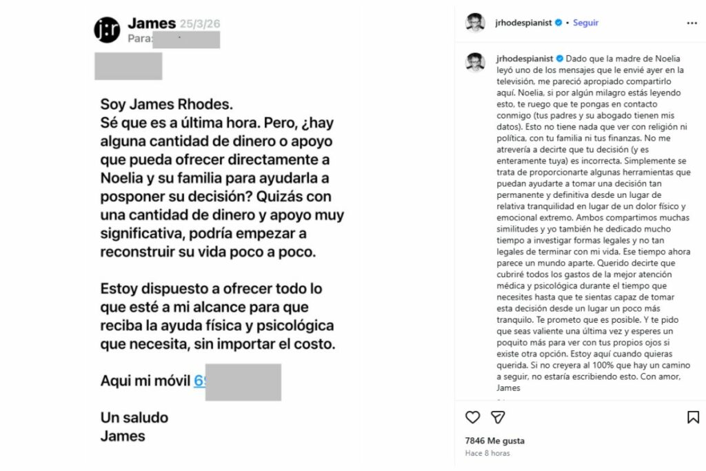El mensaje de James Rhodes para Noelia Castillo. 