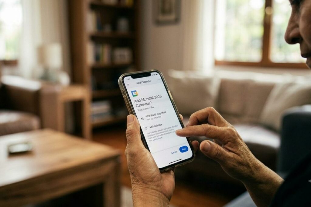 Manos usando un celular con Google Calendar abierto, simbolizando la planificación del evento deportivo.