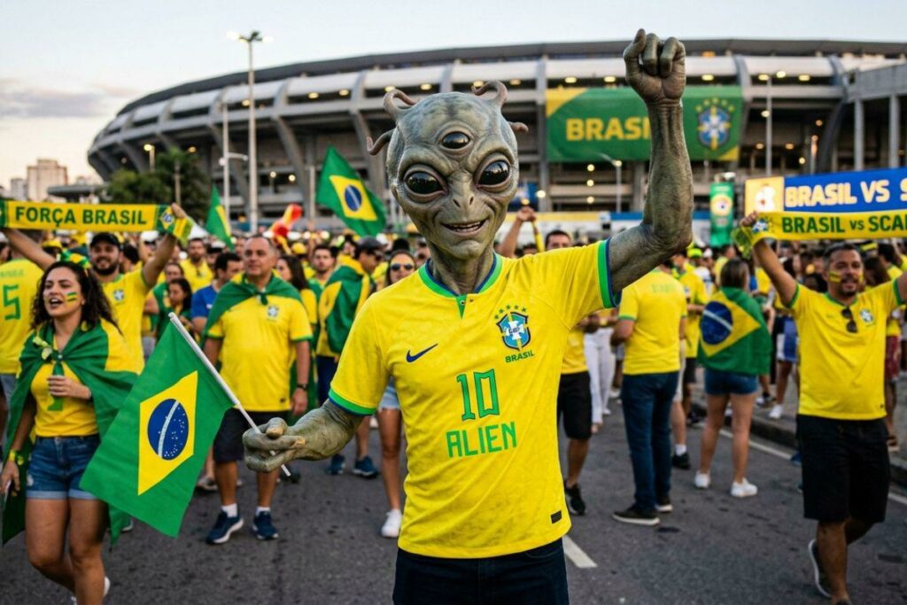Imagen referencial de alienígena con la camiseta de Brasil.