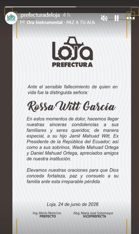 Condolencias de la prefectura de Loja ante el fallecimiento de Rossa Witt García