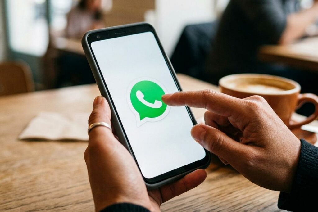 Manos sostienen un celular mostrando el logo de WhatsApp en la pantalla.