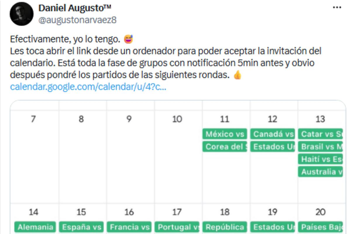 Usuario de X creó un calendario de Google en el que se pueden seguir todos los partidos.