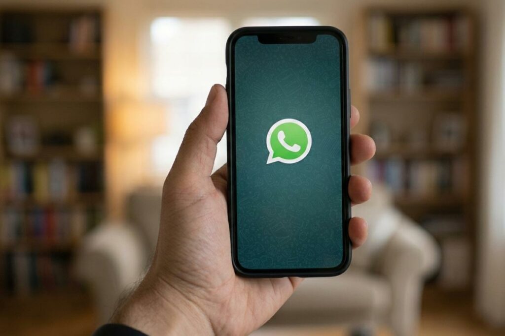 Mano sosteniendo teléfono inteligente que muestra el logotipo de la aplicación WhatsApp.