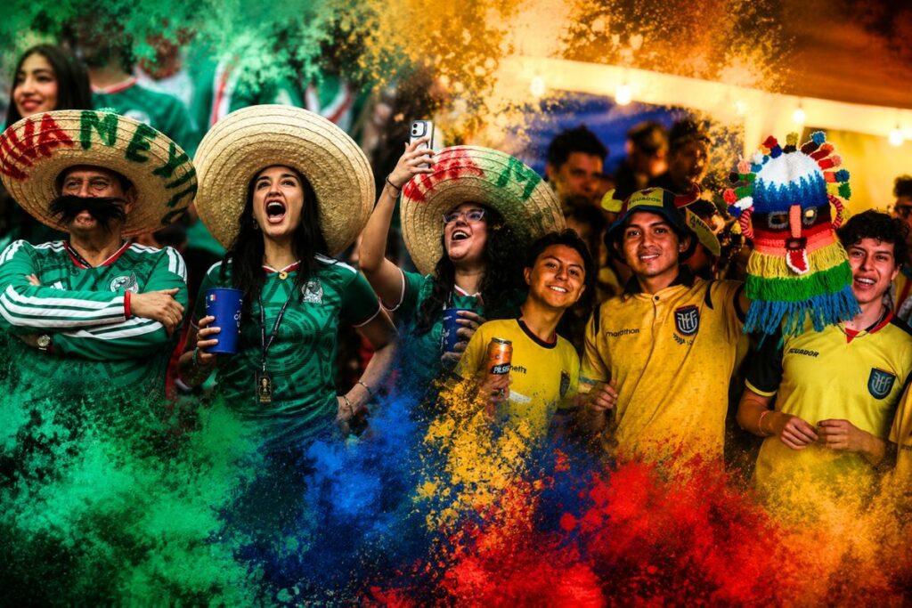 Aficionados ecuatorianos y mexicanos con camiseta de su selección animan en las gradas de un estadio de fútbol.