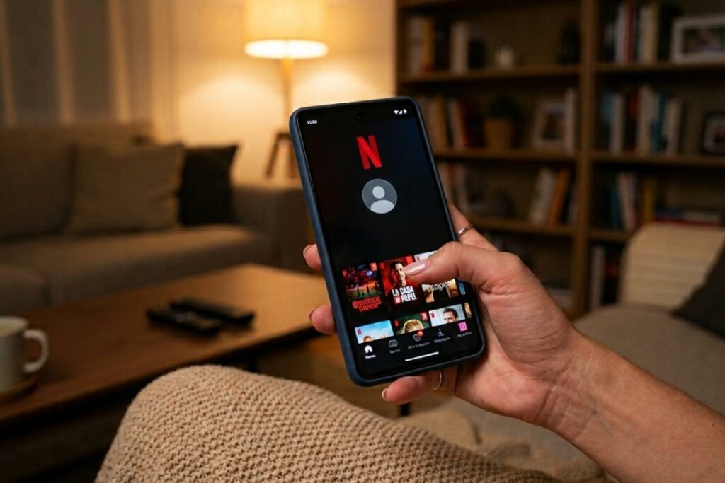 Una mano sostiene un celular, Netflix es una plataforma de streaming por suscripción que te permite ver una gran variedad de series, películas, documentales.