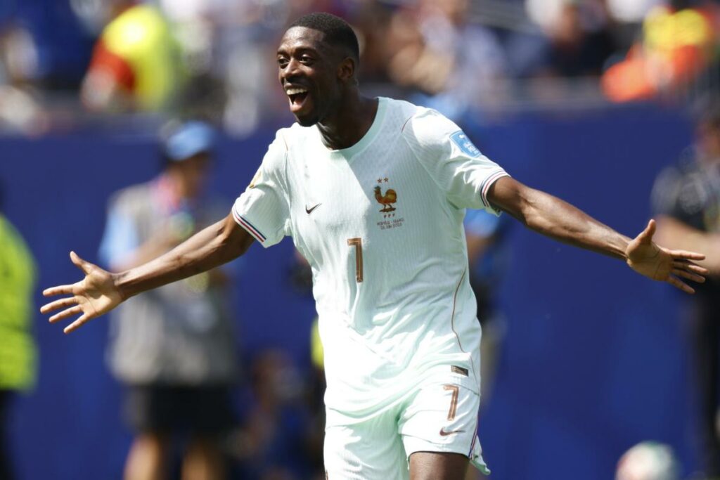 Ousmané Dembélé celebra uno de sus goles con Francia ante Noruega en el Mundial 2026.