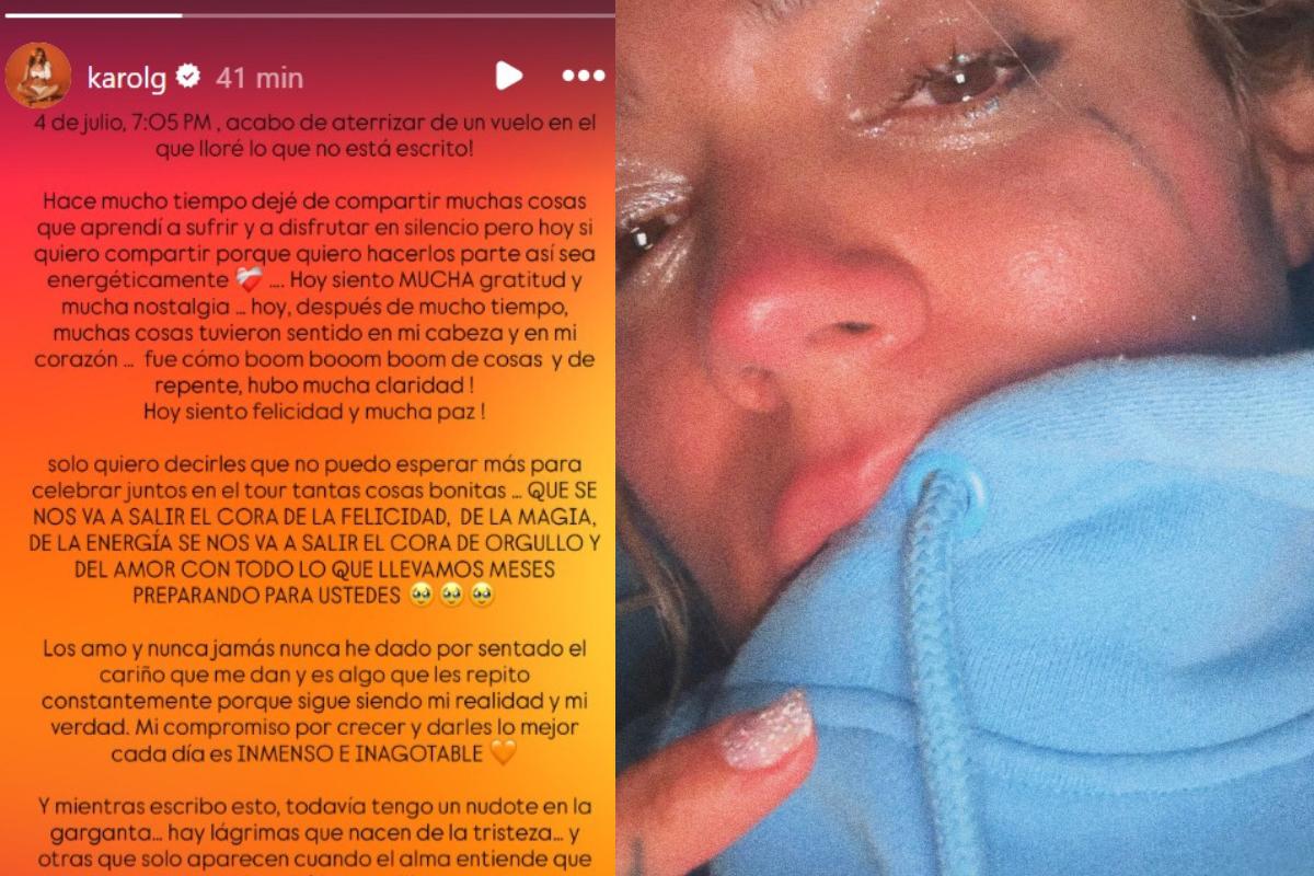 La super estrella colombiana Karol G causó revuelo en redes tras publicar una fotografía llorando en Instagram