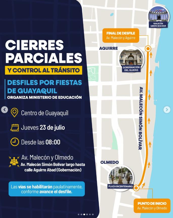 Cierres viales en el centro de Guayaquil por sus fiestas de fundación