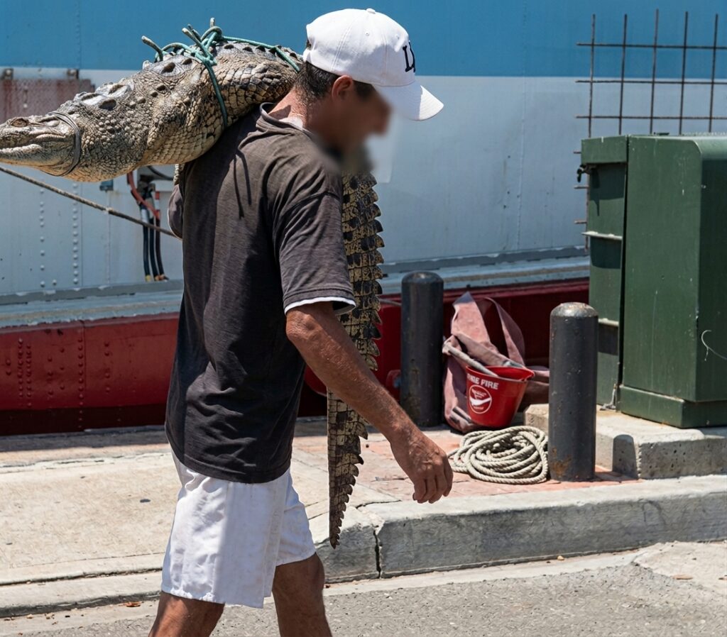 Hombre cargando sobre sus hombres a cocodrilo en Guayaquil.