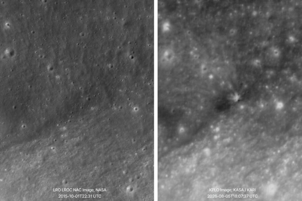 La agencia espacial de Corea del Sur dijo este jueves que captó con un satélite el antes y el después del impacto en la Luna de una etapa superior de un cohete de SpaceX.