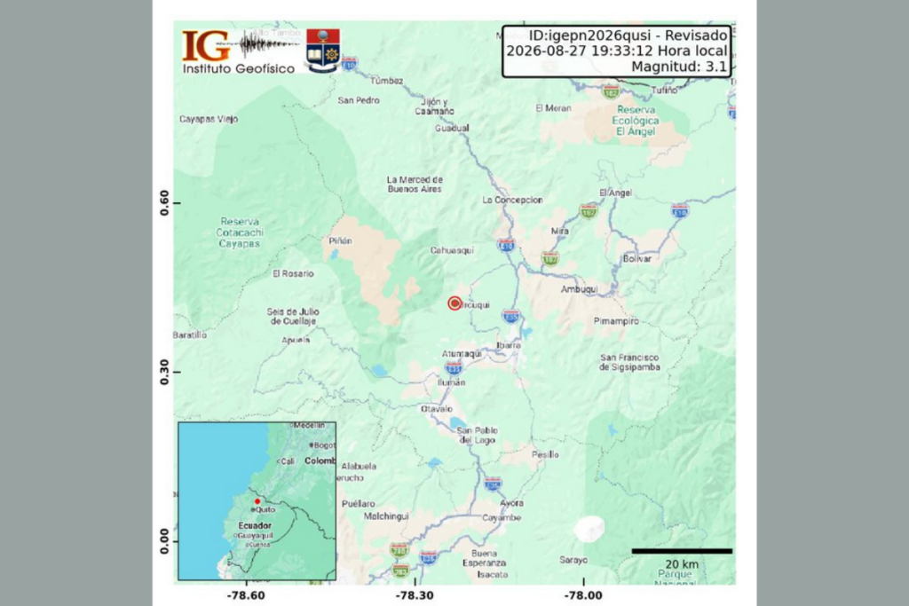 Mapa del Instituto Geofísico con el epicentro del temblor en Atuntaqui Imbabura.