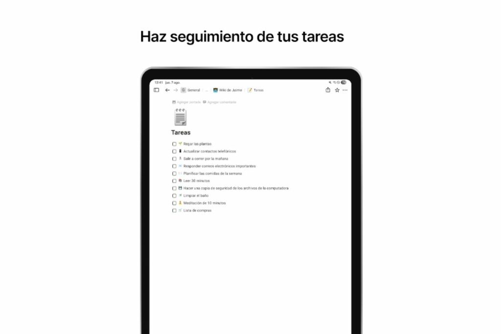 Interfaz de 'app' Notion.