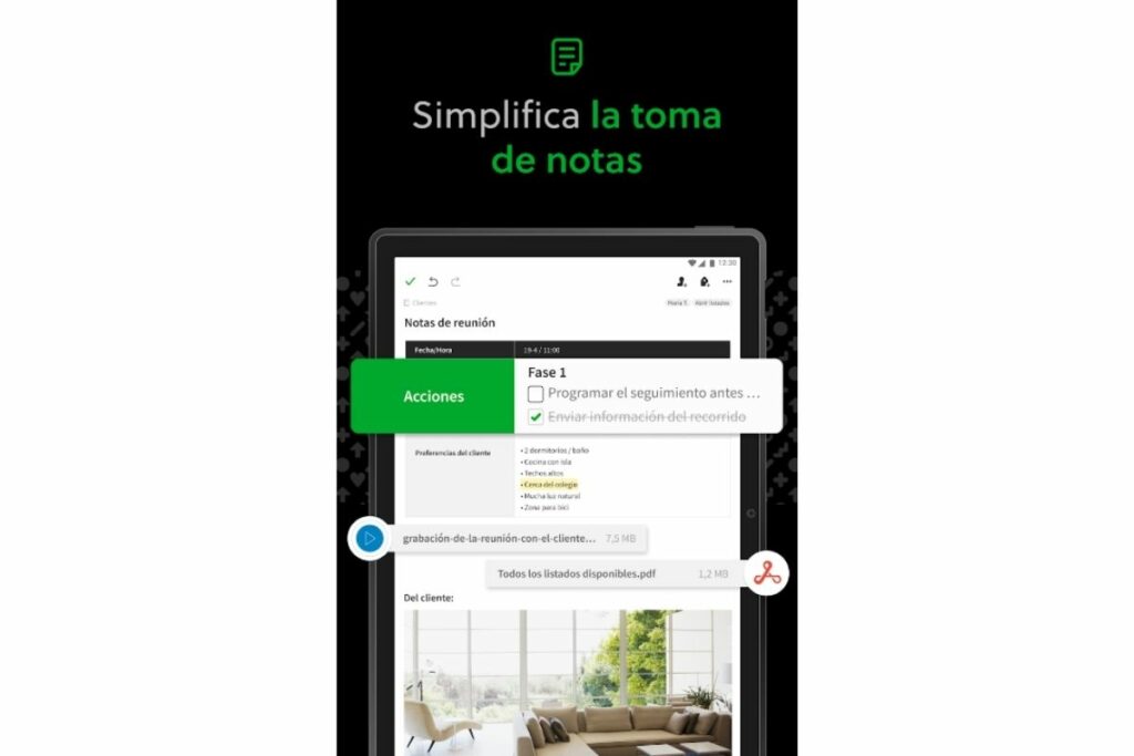 Interfaz de 'app' Evernote.