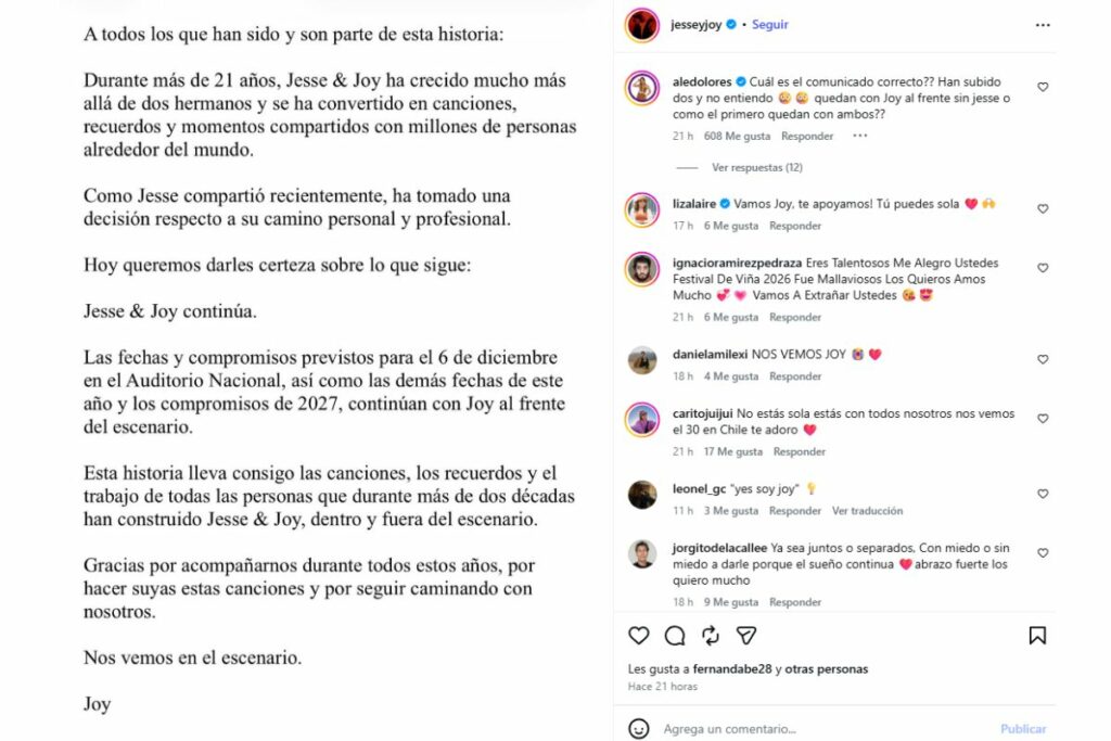 Comunicado oficial de Jesse y Joy.