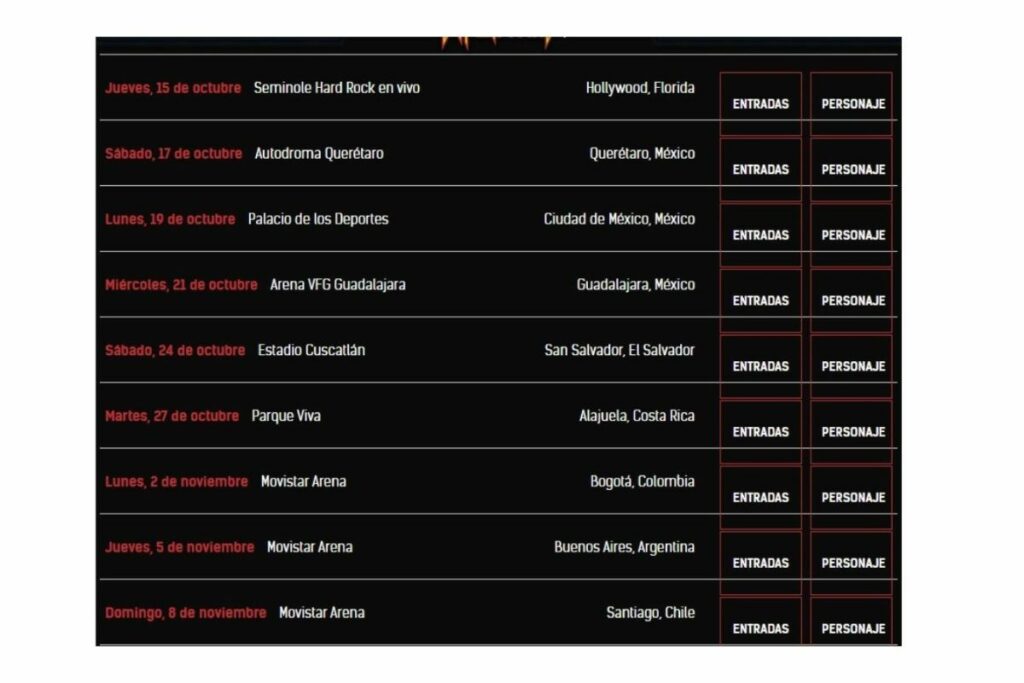 Fechas de la reciente gira mundial de Def Leppard.