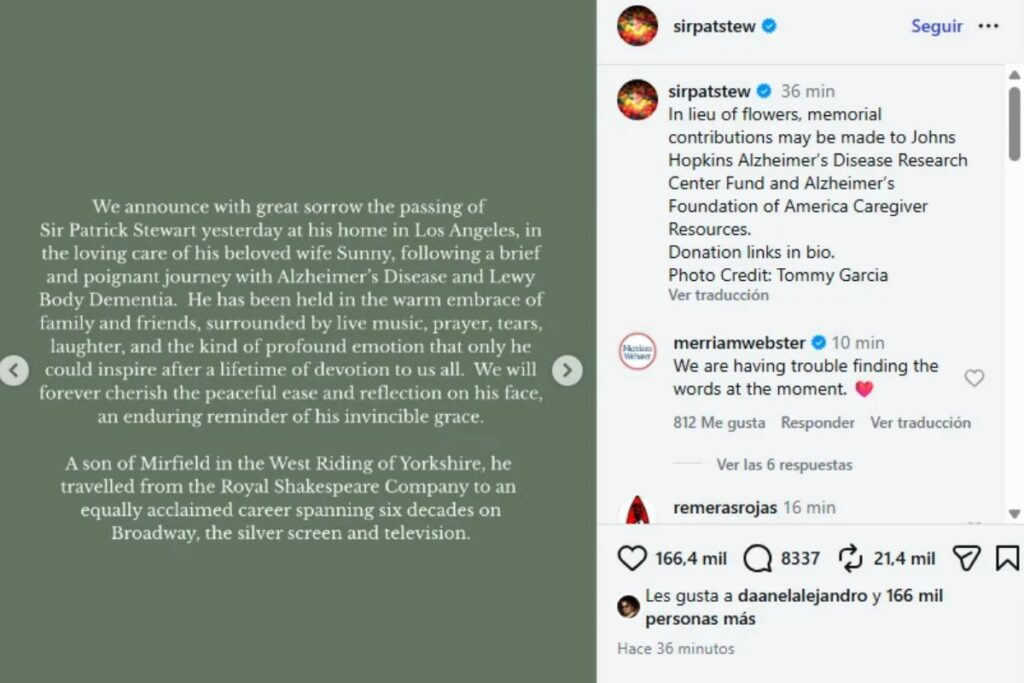 Comunicado oficial de la familia de Patrick Stewar.